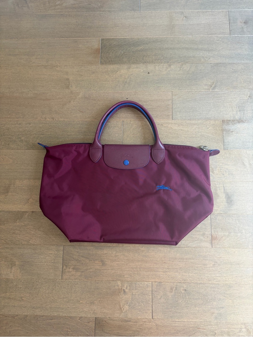 Longchamp Burgundy Tote with Blue Accent